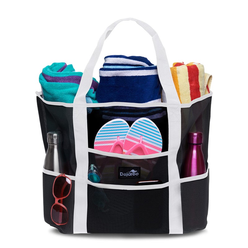 Dejaroo - Sand Free Mesh Bag - Strong Lightweight Tote For Beach & Vacation Essentials. Tons of Storage with 8 Pockets, Foldable, 17x9x15 inches, Black with White Straps - Image 1